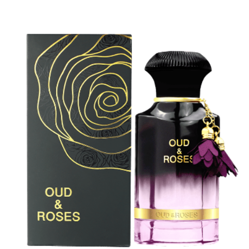 Ahmed Al Maghribi Oud & Roses unisex Eau De Parfum 2 oz bottle, showcasing elegant floral and woody fragrance packaging.