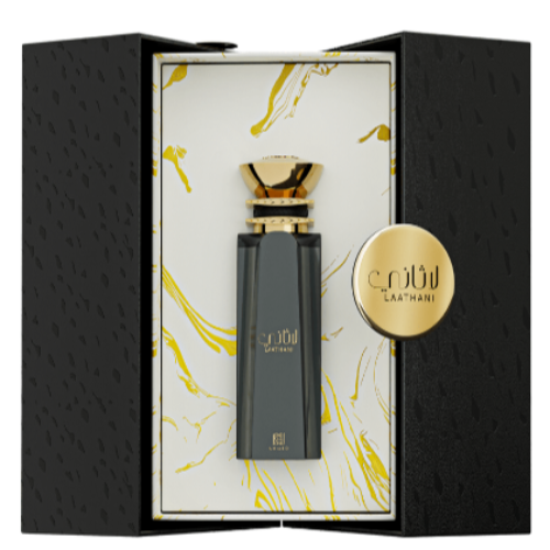 Laathani unisex Eau de Parfum by Ahmed Al Maghribi, 2.7 oz, elegant bottle with floral and woody scent notes.
