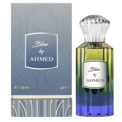Blue by Ahmed Al Maghribi unisex Eau de Parfum 3.4 oz bottle with a sleek design, suitable for men and women.