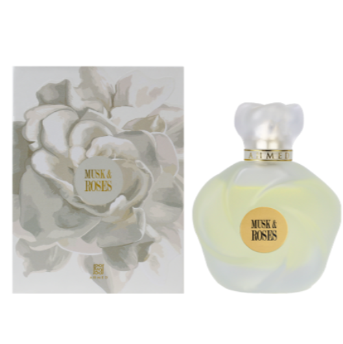 Ahmed Al Maghribi Musk & Roses women's perfume 2.5 oz bottle with elegant floral and musky scent design.
