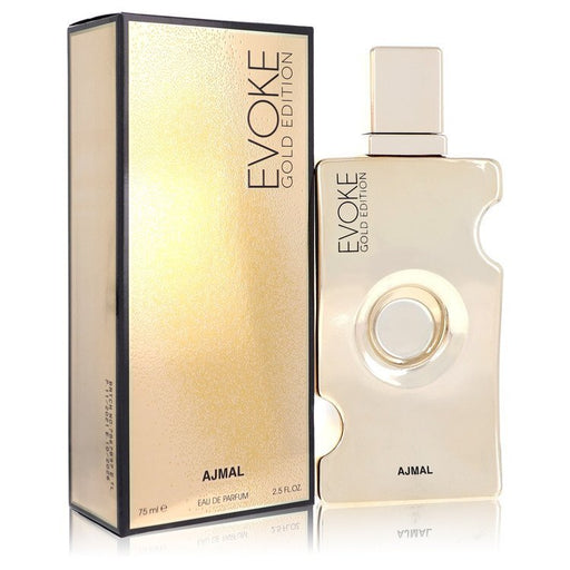 Ajmal Evoke Gold Eau de Parfum for Women, 2.5 oz bottle, showcasing elegant perfume bottle with gold accents