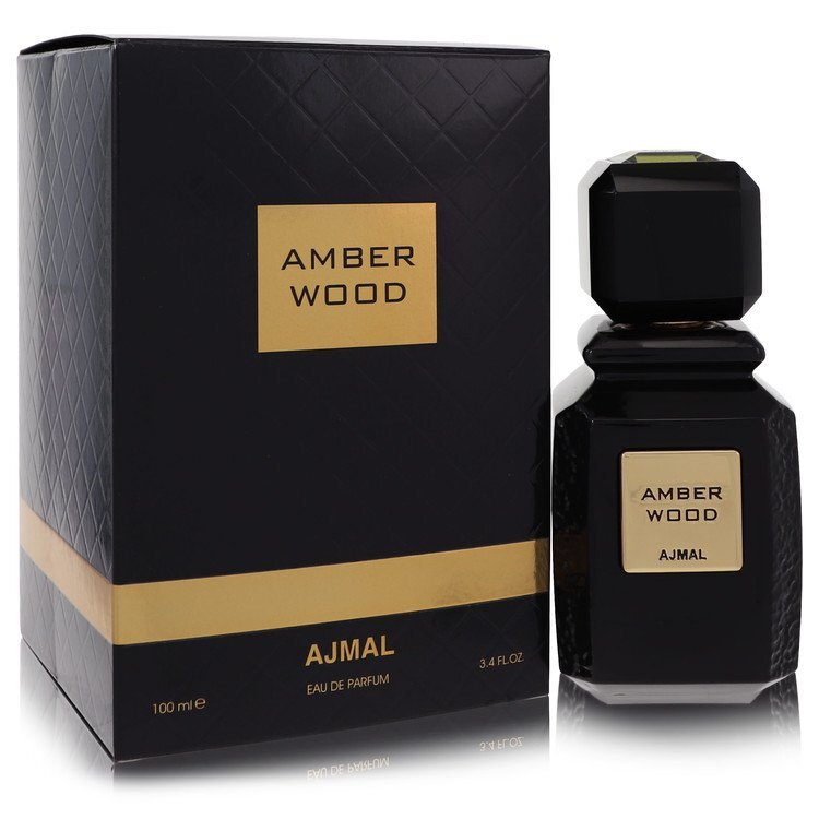 Amber Wood by Ajmal Eau De Parfum spray 3.4 oz, unisex fragrance with warm woody notes, shown in an elegant perfume bottle.