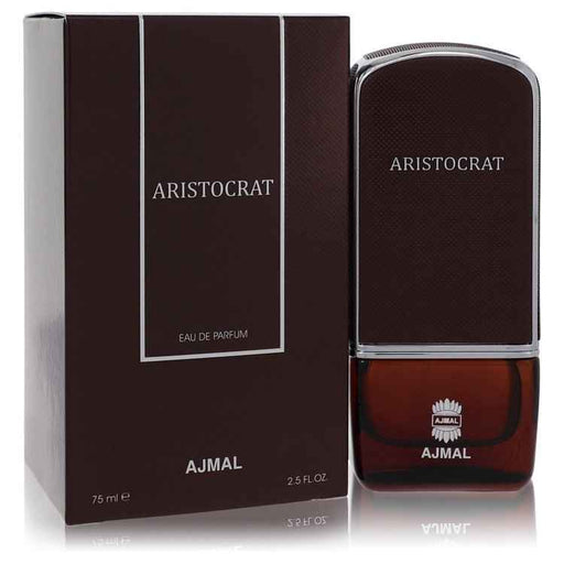 Ajmal Aristocrat Eau De Parfum Spray for Men, 2.5 oz bottle with sleek design and elegant branding.