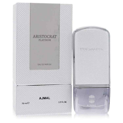 Ajmal Aristocrat Platinum Eau De Parfum spray for men, 2.5 oz bottle, featuring a sleek design and luxurious fragrance.