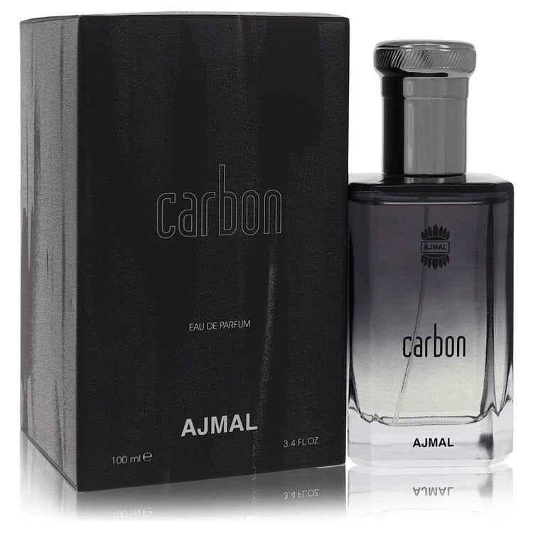 Ajmal Carbon Eau De Parfum spray for men, 3.4 oz bottle, sleek design with a modern, dark-colored cap and minimalist label.