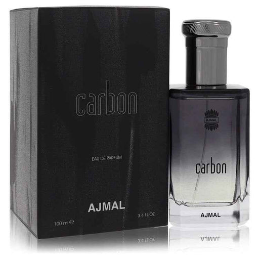 Ajmal Carbon Eau De Parfum spray for men, 3.4 oz bottle, sleek design with a modern, dark-colored cap and minimalist label.