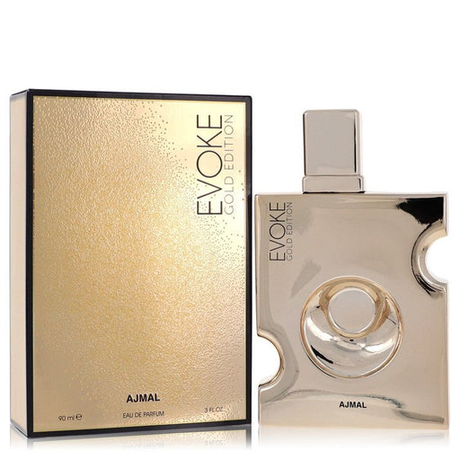 Evoke Gold by Ajmal Eau de Parfum for men, 3 oz bottle, showcasing the elegant gold packaging and stylish design.