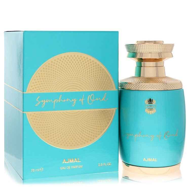 Ajmal Symphony of Oud Eau De Parfum spray for men, 2.5 oz, featuring a luxurious oud scent in a sleek bottle.