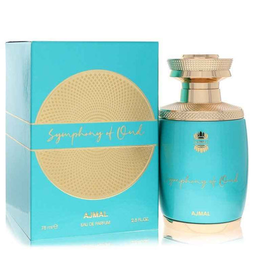 Ajmal Symphony of Oud Eau De Parfum spray for men, 2.5 oz, featuring a luxurious oud scent in a sleek bottle.