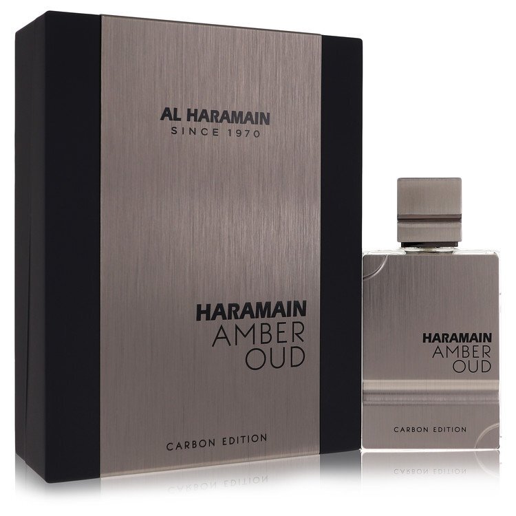 Al Haramain Amber Oud Carbon Edition Eau De Parfum spray 2 oz bottle for men and women, featuring a sleek design and amber scent.