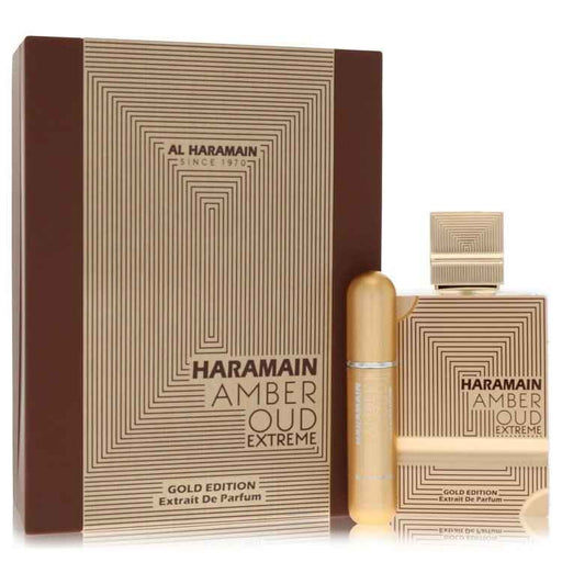 Al Haramain Amber Oud Gold Extreme Eau De Parfum spray for men, 2 oz bottle featuring luxurious amber and oud fragrance.