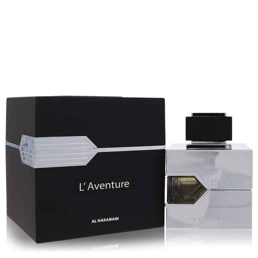 Al Haramain L'aventure Eau De Parfum spray for men, 3.3 oz bottle with sleek packaging and brand logo on the label.