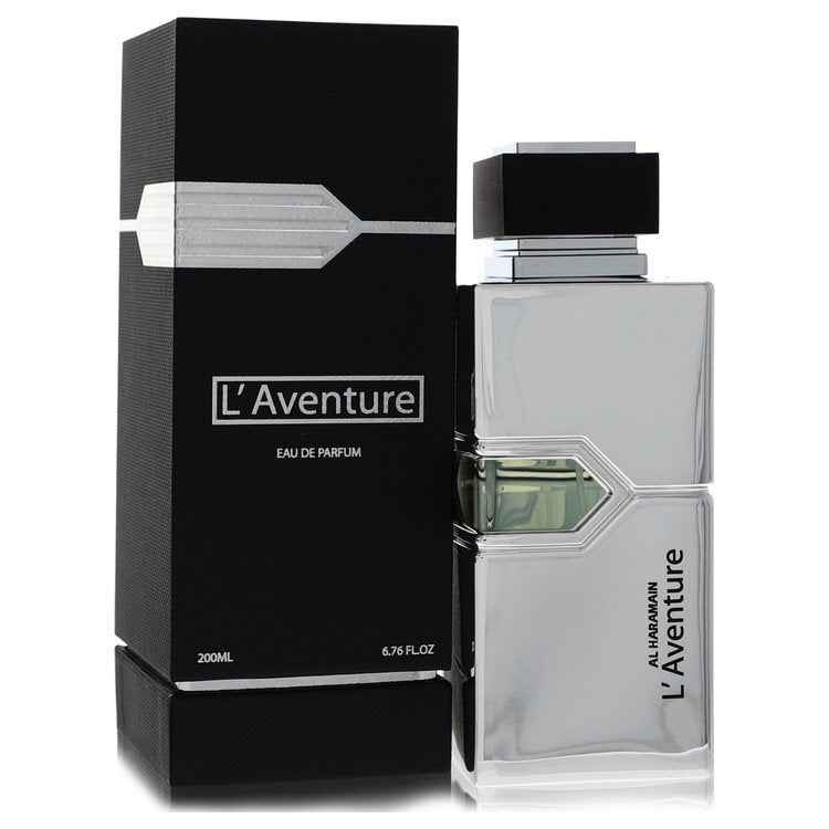 Al Haramain L'aventure Eau De Parfum spray for men, 6.7 oz bottle, with sleek packaging and elegant design.