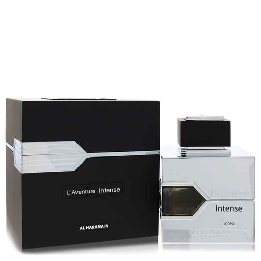 Al Haramain L'aventure Intense Eau De Parfum Spray for men, 3.4 oz, featuring sleek bottle and luxurious fragrance.