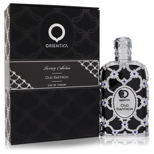 Al Haramain Orientica Oud Saffron Eau De Parfum spray bottle for men and unisex, 2.7 oz, with a sleek design.