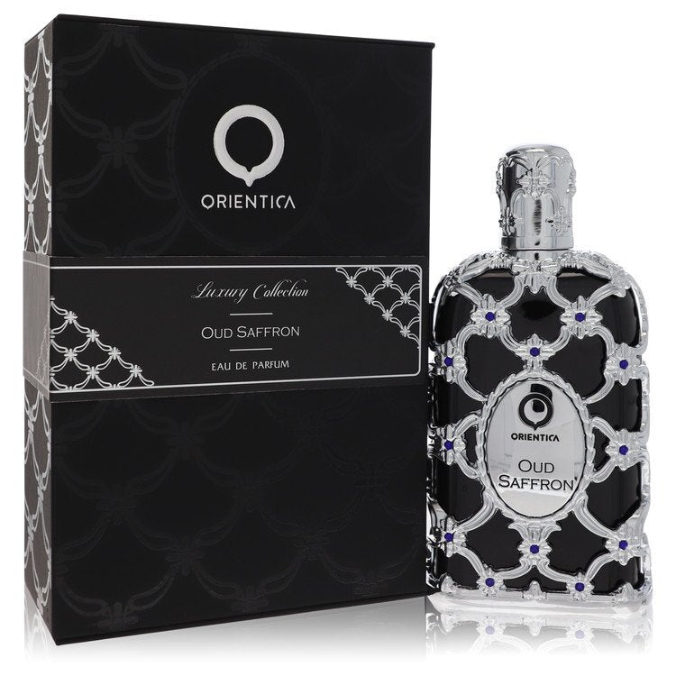 Al Haramain Orientica Oud Saffron Eau De Parfum spray for men, 5 oz bottle with textured black cap and elegant packaging.