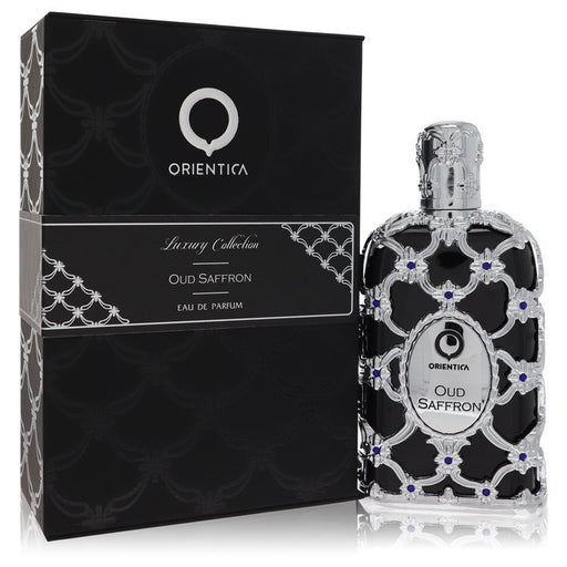 Al Haramain Orientica Oud Saffron Eau De Parfum spray for men, 5 oz bottle with textured black cap and elegant packaging.
