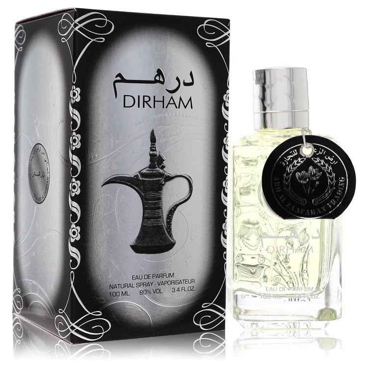 Al Zaafaran Dirham Eau De Parfum spray bottle for men and unisex, 3.4 oz, with elegant packaging and fragrance details.