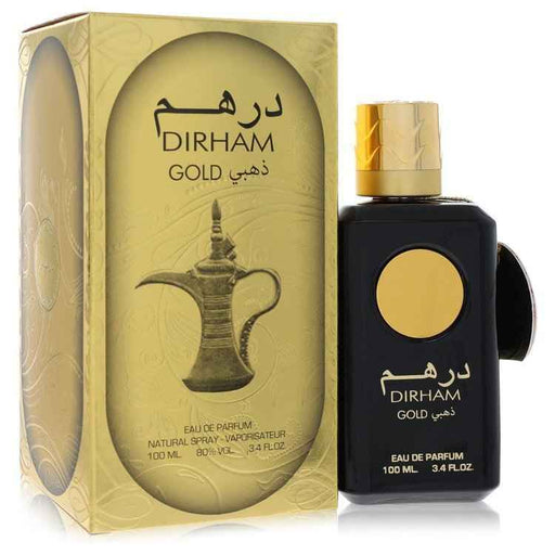 Al Zaafaran Dirham Gold Eau De Parfum spray for men and unisex, 3.4 oz bottle with gold accents and elegant packaging.