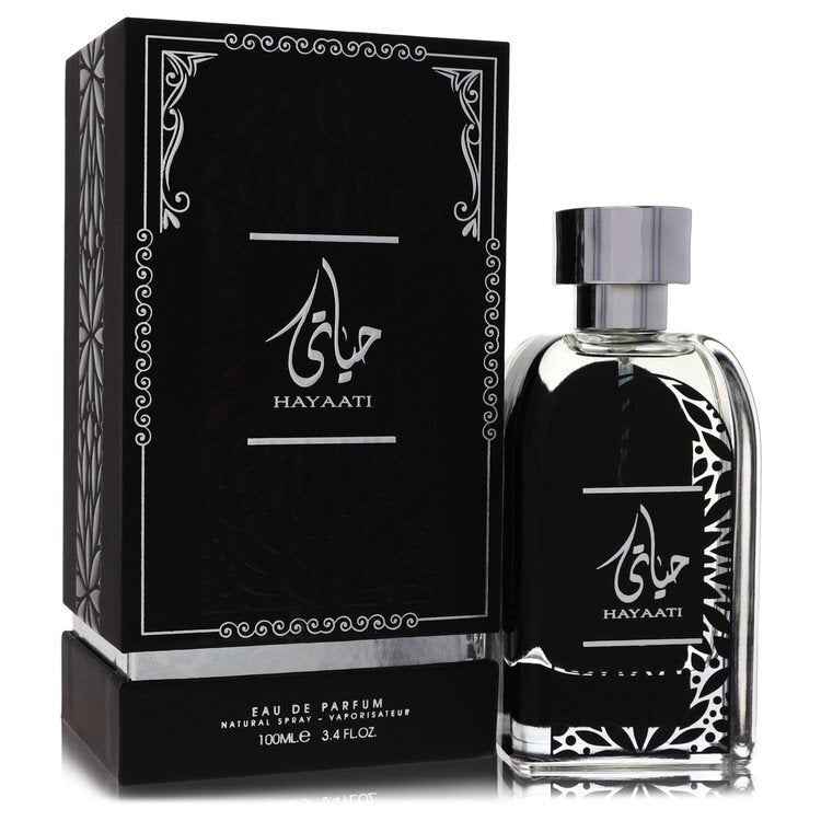 Al Zaafaran Hayaati Eau De Parfum spray for men, 3.4 oz bottle, elegant packaging with a sleek design.