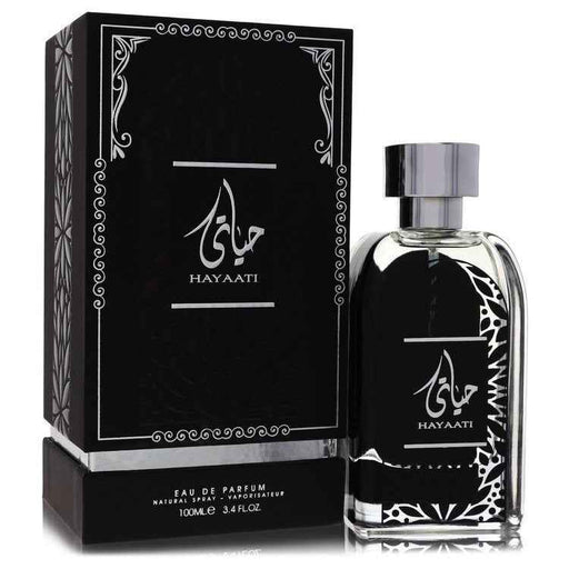 Al Zaafaran Hayaati Eau De Parfum spray for men, 3.4 oz bottle, elegant packaging with a sleek design.