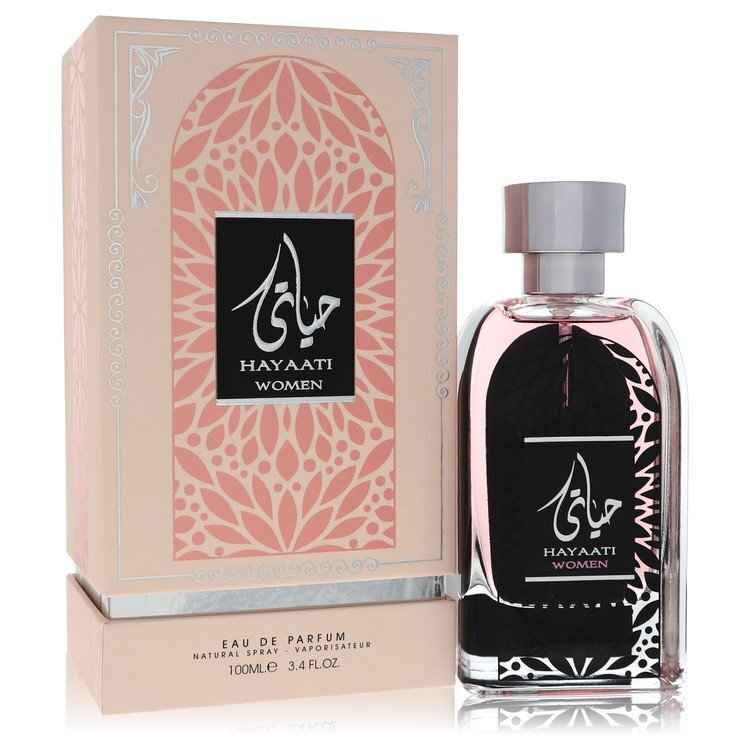 Al Zaafaran Hayaati Eau De Parfum spray for women, 3.4 oz, elegant bottle with floral and fruity fragrance elements.