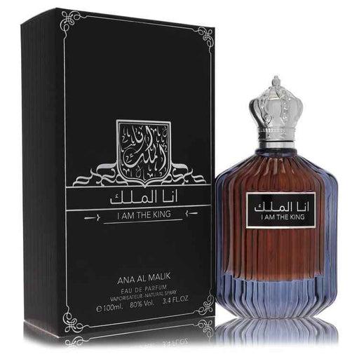 Al Zaafaran I Am The King men's Eau De Parfum spray bottle, 3.4 oz, featuring elegant packaging and branding.