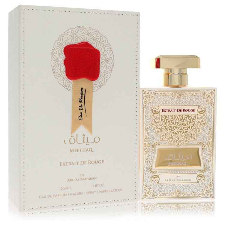 Al Zaafaran Meethaq Extrait De Rouge Eau De Parfum spray for men and unisex, 3.4 oz bottle with red and gold packaging