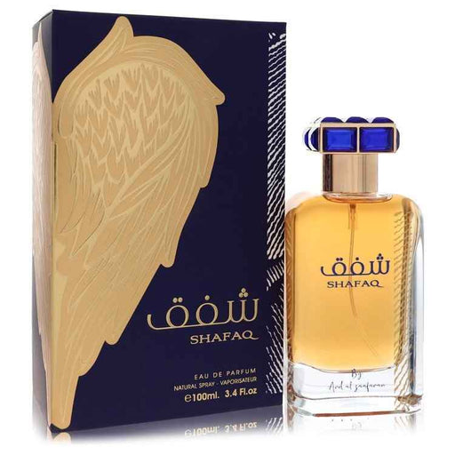 Shafaq by Al Zaafaran Eau De Parfum spray 3.4 oz for men and unisex, featuring a sleek bottle design and elegant branding.