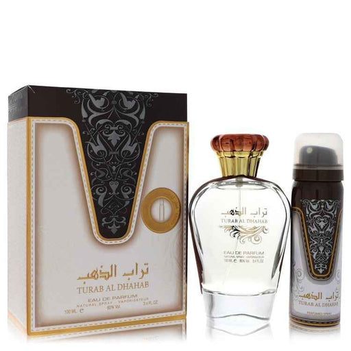 Turab Al Dhabah by Al Zaafaran women’s perfume set, featuring elegant bottles with intricate design and floral accents.