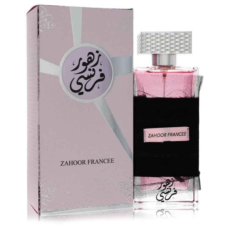 Al Zaafaran Zahoor Francee Eau De Parfum spray 3.4 oz for women and unisex, featuring elegant perfume bottle design.