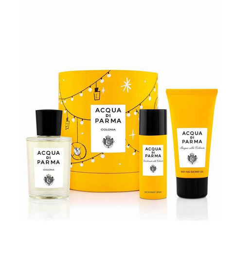 Set of three Acqua di Parma Colonia bottles for men and unisex, featuring elegant glass containers with classic fragrance labels.