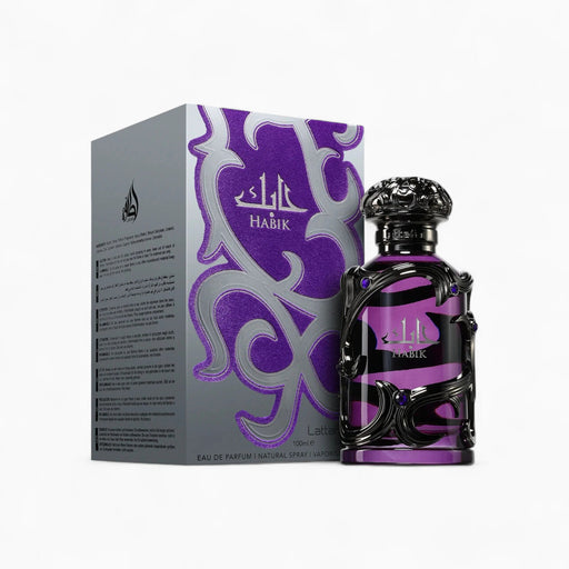 Habik by Lattafa Eau De Parfum spray for men, 3.4 oz bottle, featuring sleek design and masculine fragrance.