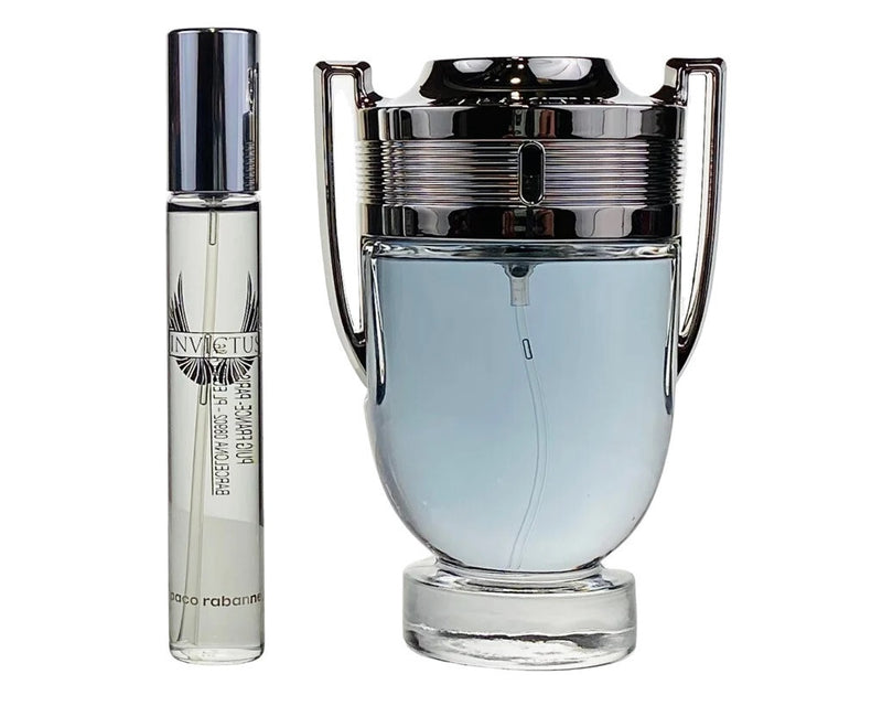 Invictus by Paco Rabanne men's 2-piece set, including fragrance bottles, displayed with sleek packaging and branding.
