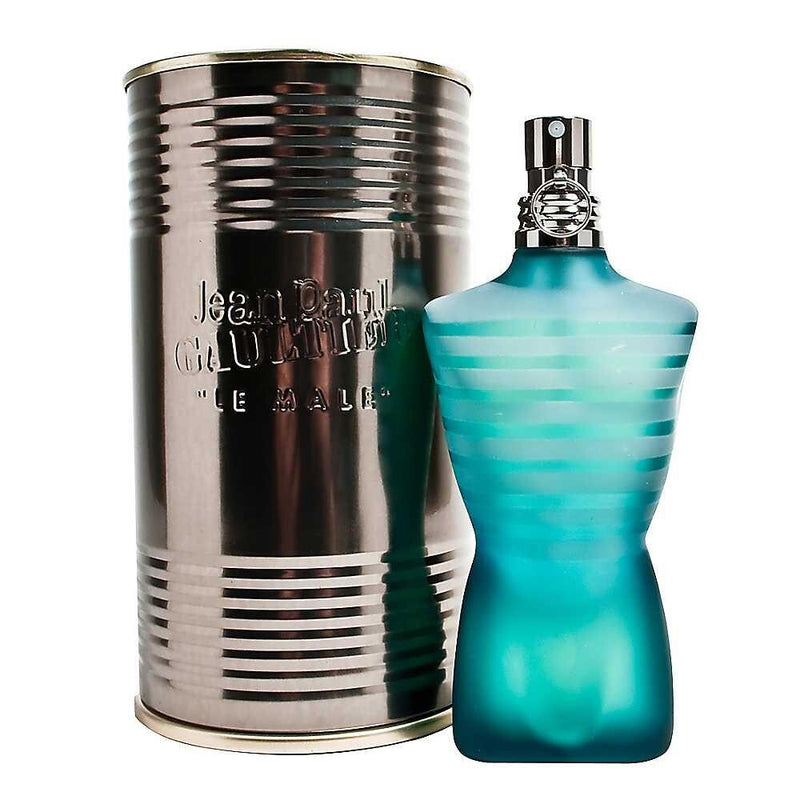 Le Male Jean Paul Gaultier Eau De Toilette spray for men, 2.5 oz bottle, with distinctive packaging and branding visible.