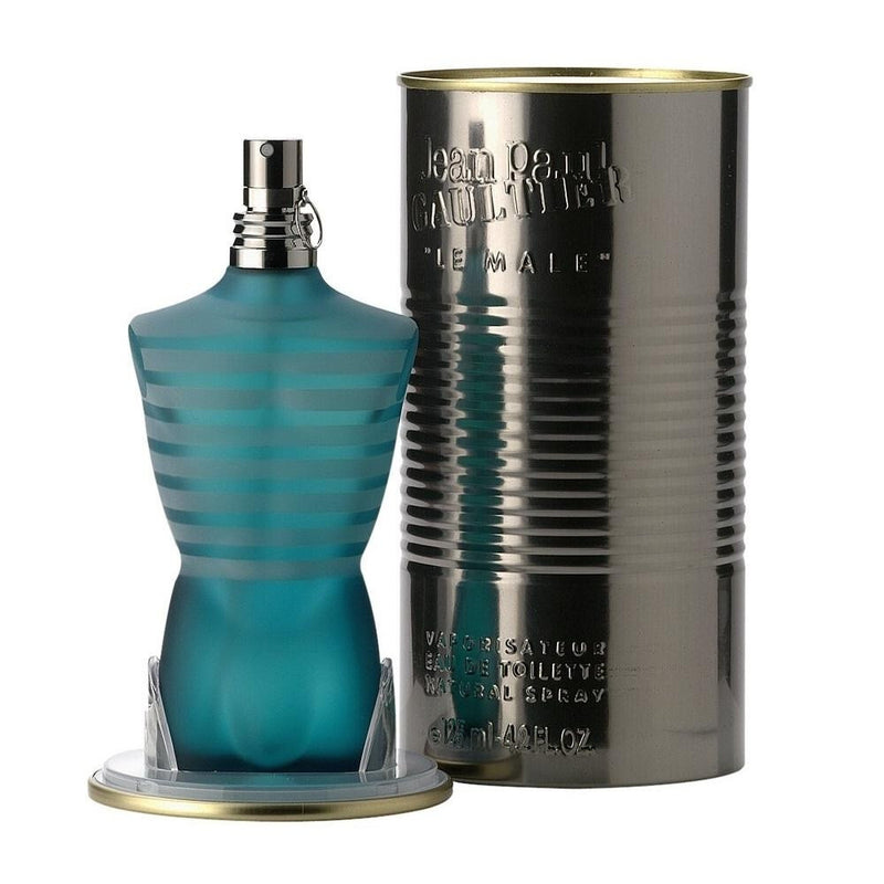 Le Male by Jean Paul Gaultier men's Eau De Toilette spray in 4.2 oz bottle, featuring distinctive packaging and branding.