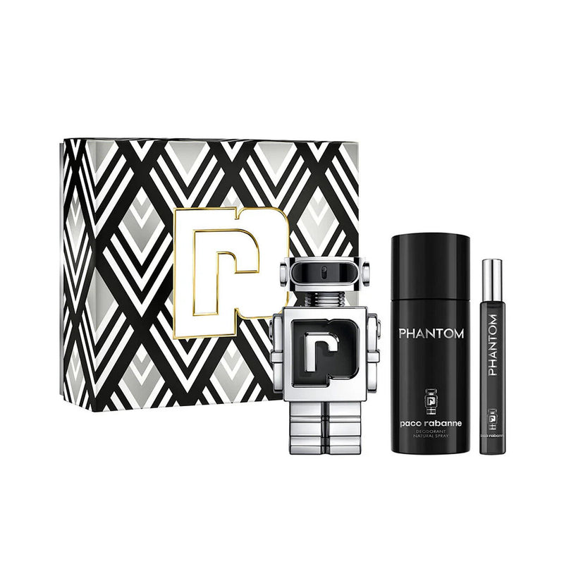Phantom by Paco Rabanne men's 3-piece set including fragrance bottle, shower gel, and aftershave in sleek packaging.