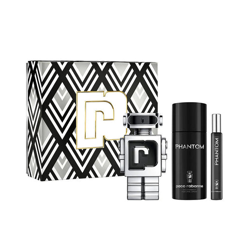 Phantom by Paco Rabanne men's 3-piece set including fragrance bottle, shower gel, and aftershave in sleek packaging.