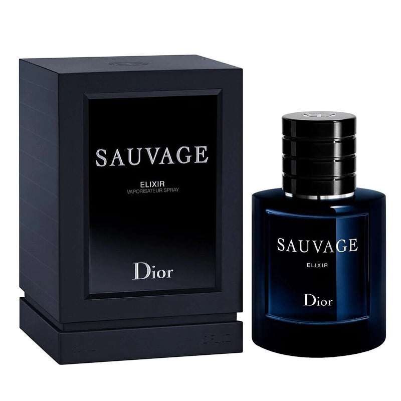 Sauvage Elixir by Dior men's 2 oz spray fragrance, featuring sleek bottle design and elegant packaging.