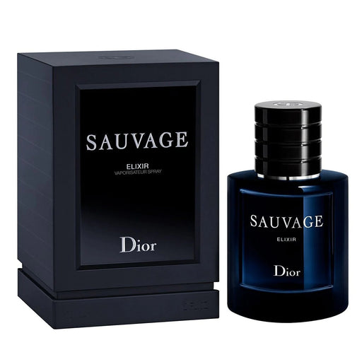 Sauvage Elixir by Dior men's 2 oz spray fragrance, featuring sleek bottle design and elegant packaging.