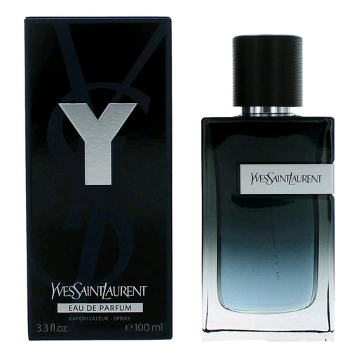 Y by Yves Saint Laurent Eau de Parfum spray for men, 3.3 oz, featuring sleek black bottle and modern design.