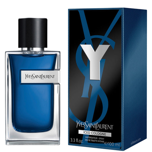 Y Iced Intense Cologne by YSL Eau de Toilette for Men, 3.3 oz, featuring the sleek bottle design and branding.