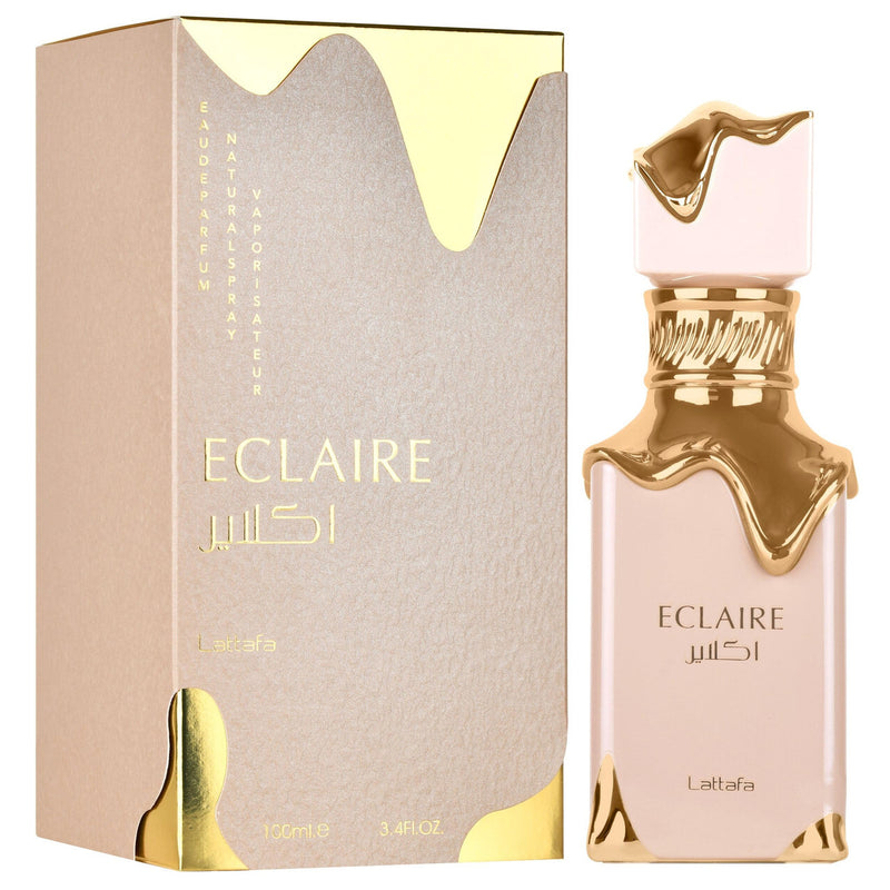Unisex Eclaire by Lattafa Eau De Parfum spray, 3.4 oz, featuring elegant bottle design and branding from AppleMango Trading Co.