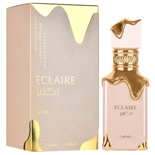 Unisex Eclaire by Lattafa Eau De Parfum spray, 3.4 oz, featuring elegant bottle design and branding from AppleMango Trading Co.