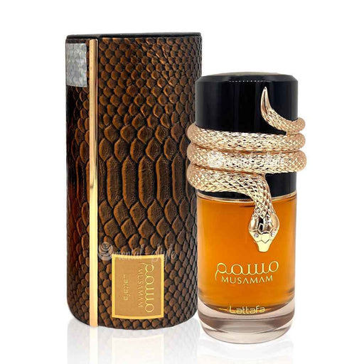 Musamam by Lattafa unisex Eau de Parfum spray in 3.4 oz bottle with elegant packaging, suitable for women and men.