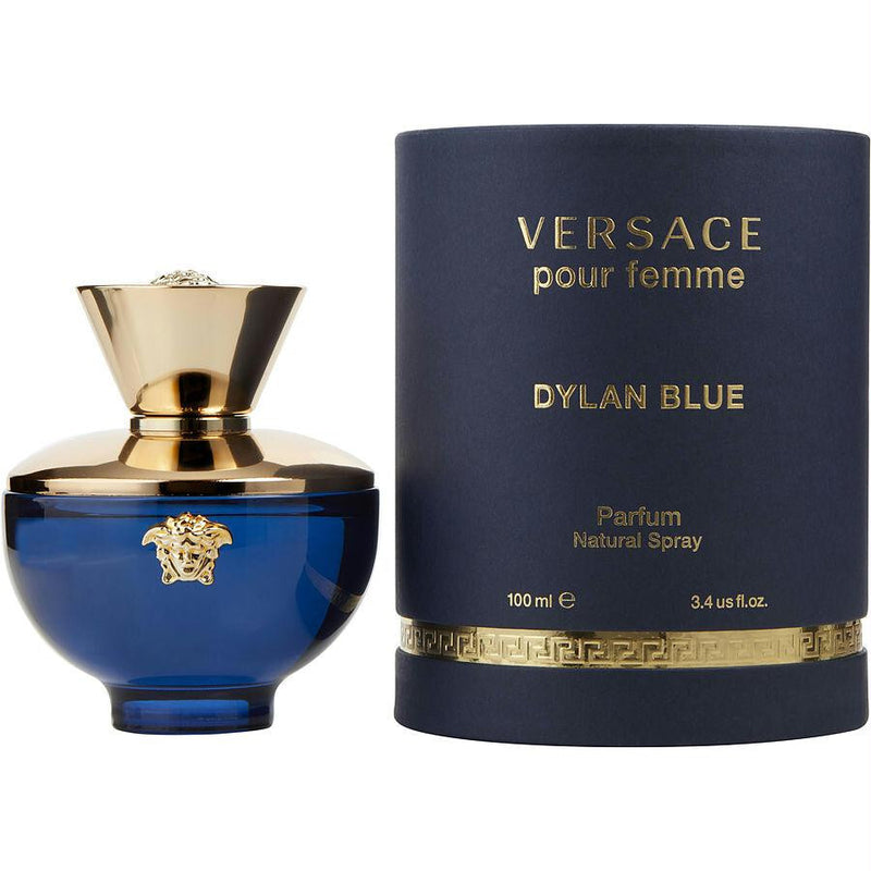 Dylan Blue by Versace 3.4 oz Eau De Parfum spray for women with a sleek bottle design and vibrant blue accents.