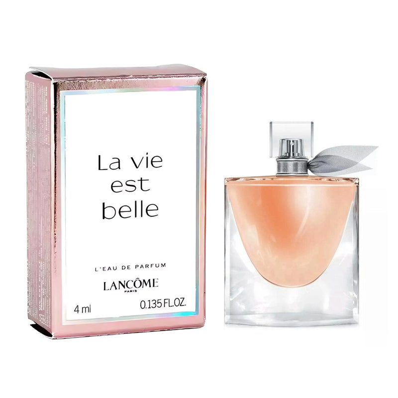Mini 0.135 oz bottle of La Vie Est Belle Eau De Parfum by Lancome for women, showcasing elegant floral design.