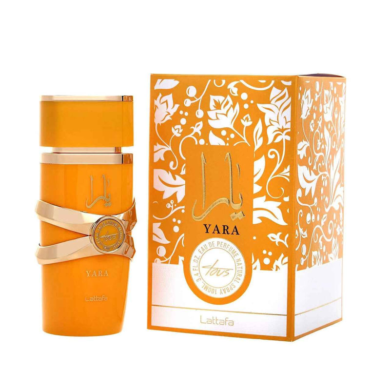 Yara Tous by Lattafa Eau De Parfum spray for women, 3.4 oz, featuring elegant fragrance bottle and sleek design.