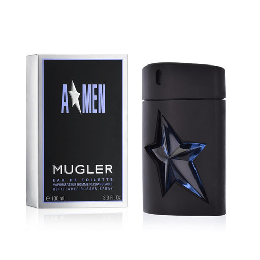Refillable 3.4 oz Angel A-Men Eau De Toilette spray by Thierry Mugler for men, with sleek bottle design and masculine fragrance.