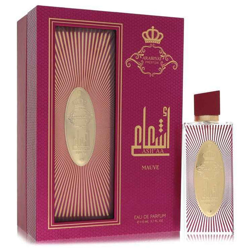 Arabiyat Prestige Ash'aa Mauve Eau De Parfum Spray 3.7 oz for men and unisex, featuring a sleek bottle design and elegant fragrance.